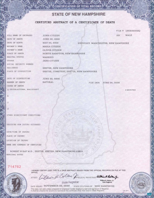 Download USA state New Hampshire death certificate template in PSD format Photoshop template